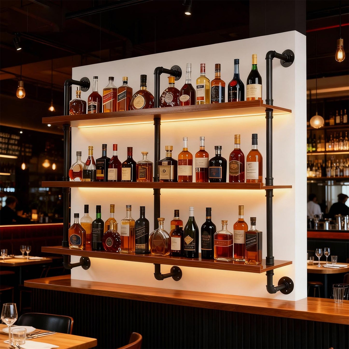 55" Modern Wall Mounted Wine Rack with LED Lights, 3-Tiers Industrial Pipe Liquor Floating Shelves, Rustic Metal Wall Wine Rack for Home, Restaurant, Commercial Bar, Kitchen Storage Display