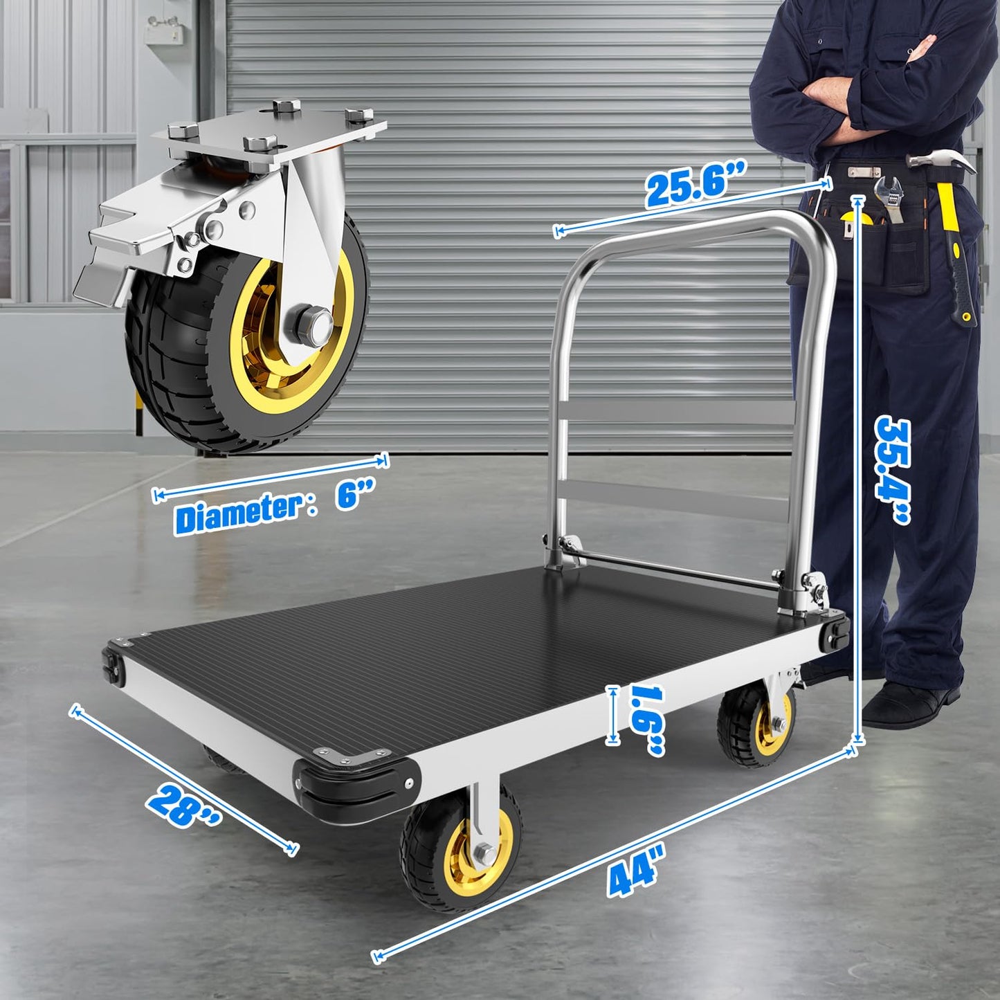 PHEXOD Extra Large Platform Truck Cart, 44 x 28 Heavy Duty Push Cart Dolly 2500 LBS Capacity, Flat Cart with Non-Slip Mat and 6" Swivel Brake Wheels