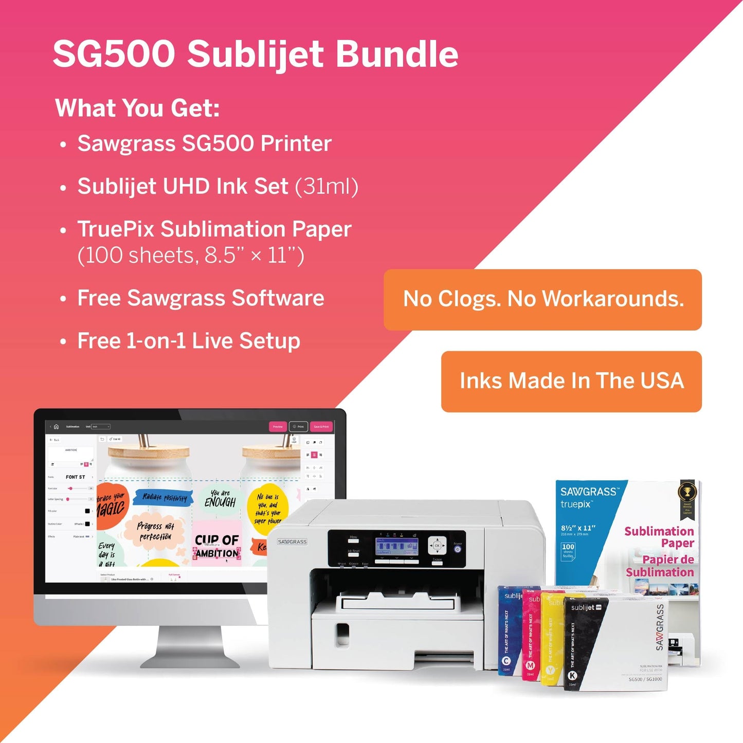 Sawgrass SG500 Sublimation Printer Bundle with Anti-Clog Technology | Only Printer Designed Exclusively for Sublimation | Includes 31mL SubliJet UHD Inks & TruePix Paper | Wi-Fi