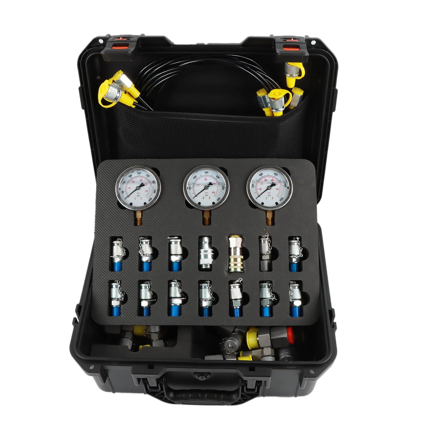 IMELBUFF Hydraulic Pressure Test Coupling Kit, JIC BSPP ORFS Hydraulic Swivel Run Tees Set Repair Tools for Most Excavator Construction Machinery 3 Gauges 4 Test Hoses 14 Couplings 19 Tee Connectors