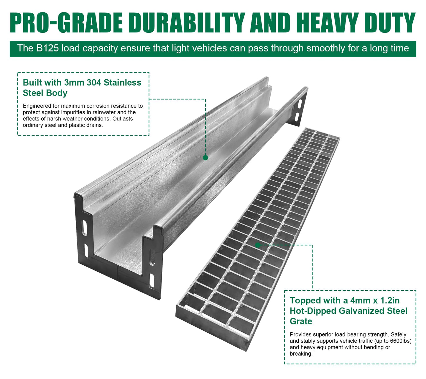 Natotela Driveway 304 Stainless Steel Channel Drain with Galvanized Steel Grate-39.4x7.1x6.3in B125 Heavy Duty Trench Drain System,3 Pack Total Length 118.2in,Metal Drainage System for Garage