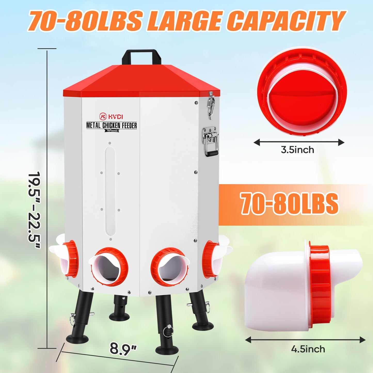 70lbs - 80lbs Large Automatic Chicken Feeder, Adjustable Stand, 8 Feeding Ports, Viewing Window, Sloped Roof Rain Protection Design