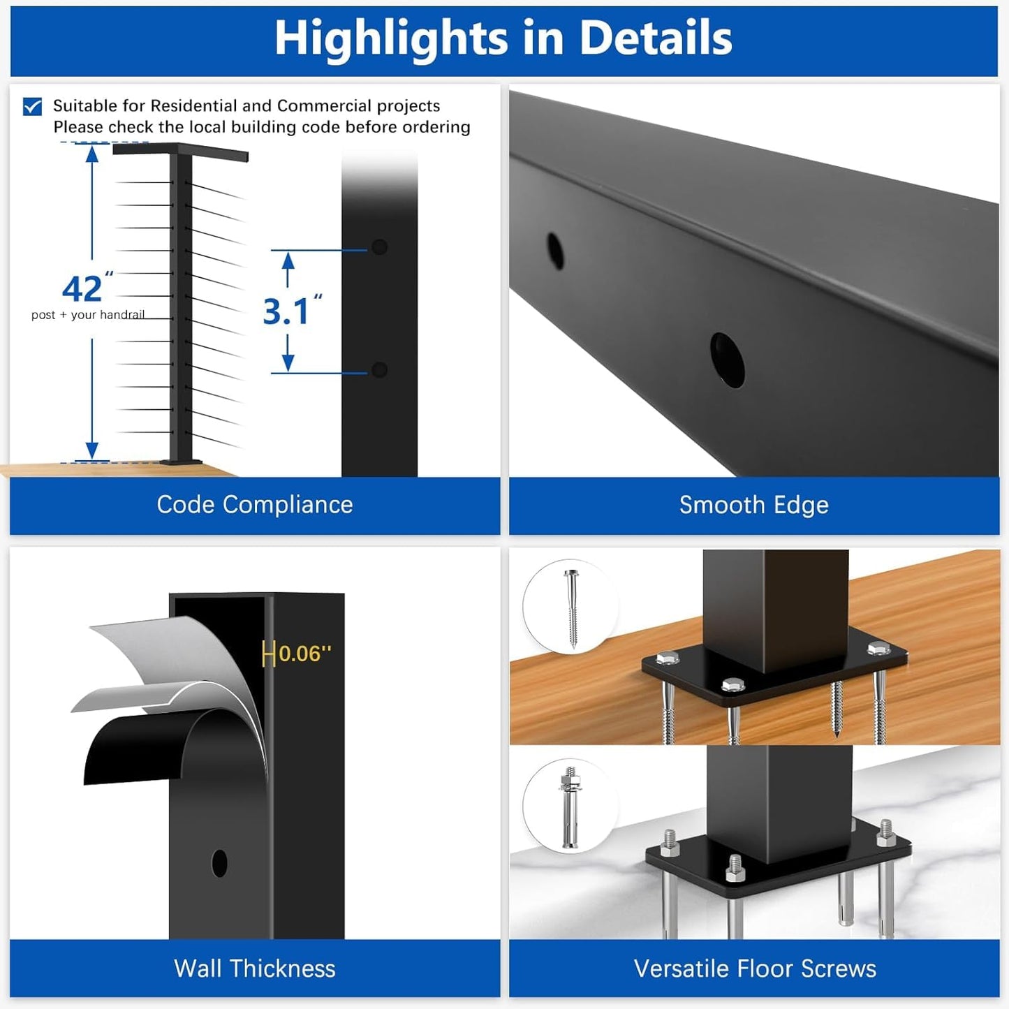 Zylorix 2Pack 42" 3-Sides Cable Railing Corner Post T304 Stainless Steel 90° T-drilled Post, 41"x2"x2" Surface Mount Fixed Top Black Cable Railing System Kit for Decks Balconys with Wire Grommets