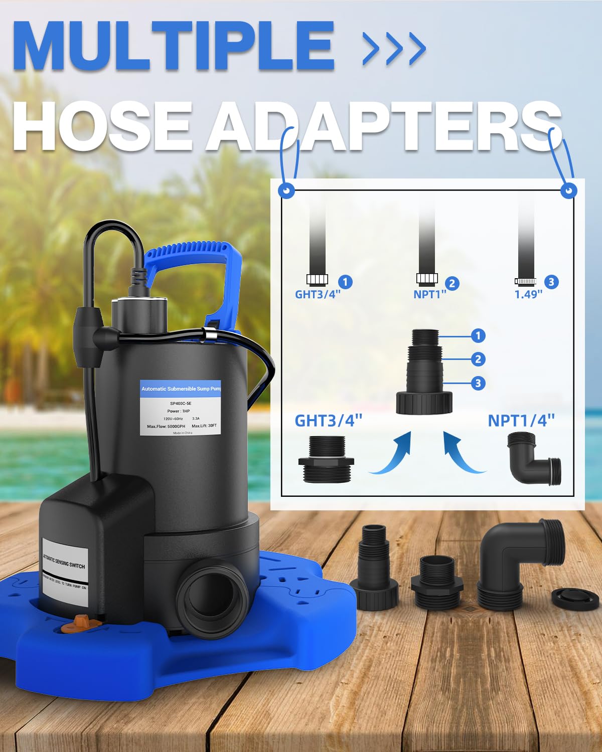 Automatic Pool Cover Pump - 1 HP 5000 GPH Submersible Water Pump with Check Valve and 3 Adapters, 29.5FT Cord for Pumps Above Ground Automatic On/Off System, Sump Pump for Basement Floods, Pond Pump