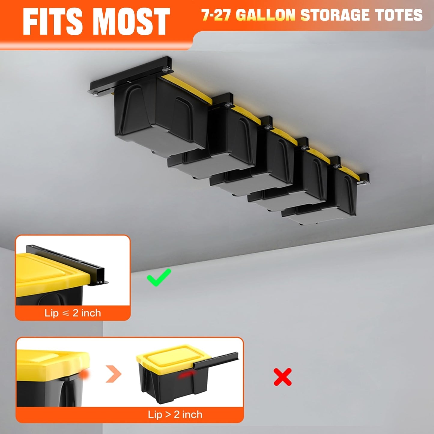 TORACK Garage Ceiling Bin Storage Rack, Adjustable Heavy Duty Overhead Tote Storage Rail System(for 5 Bins, Bins are not included)