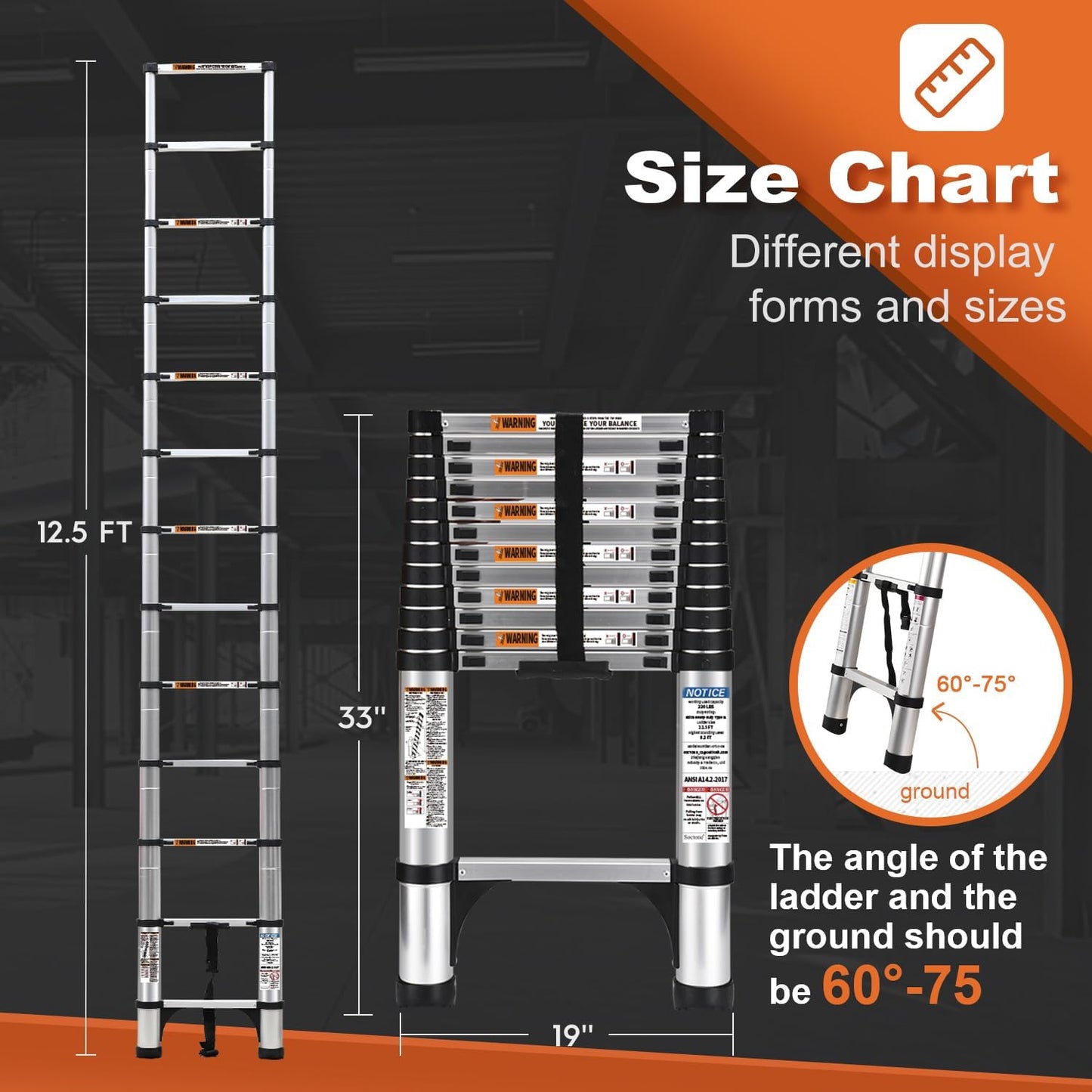 Telescoping Ladder, SocTone 12.5 FT Aluminum Lightweight Extension Ladder with 2 Triangle Stabilizers, Heavy Duty 250lbs Max Capacity, Multi-Purpose Collapsible Ladder for RV or Outdoor Work