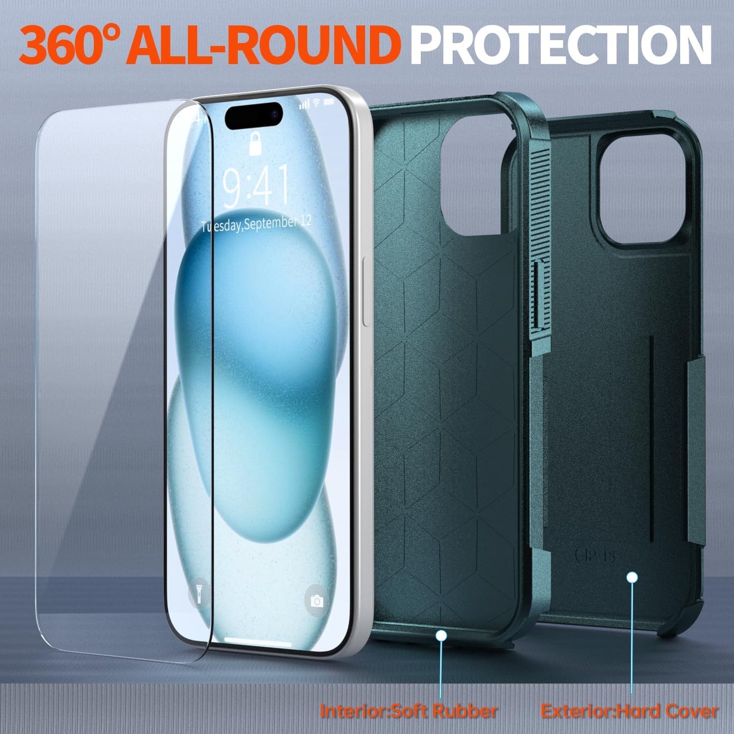 AEDILYS 15 Case,[15 2X Shockproof for iPhone FT Military Grade Drop Protection],with [Tempered Glass Screen Protector ]