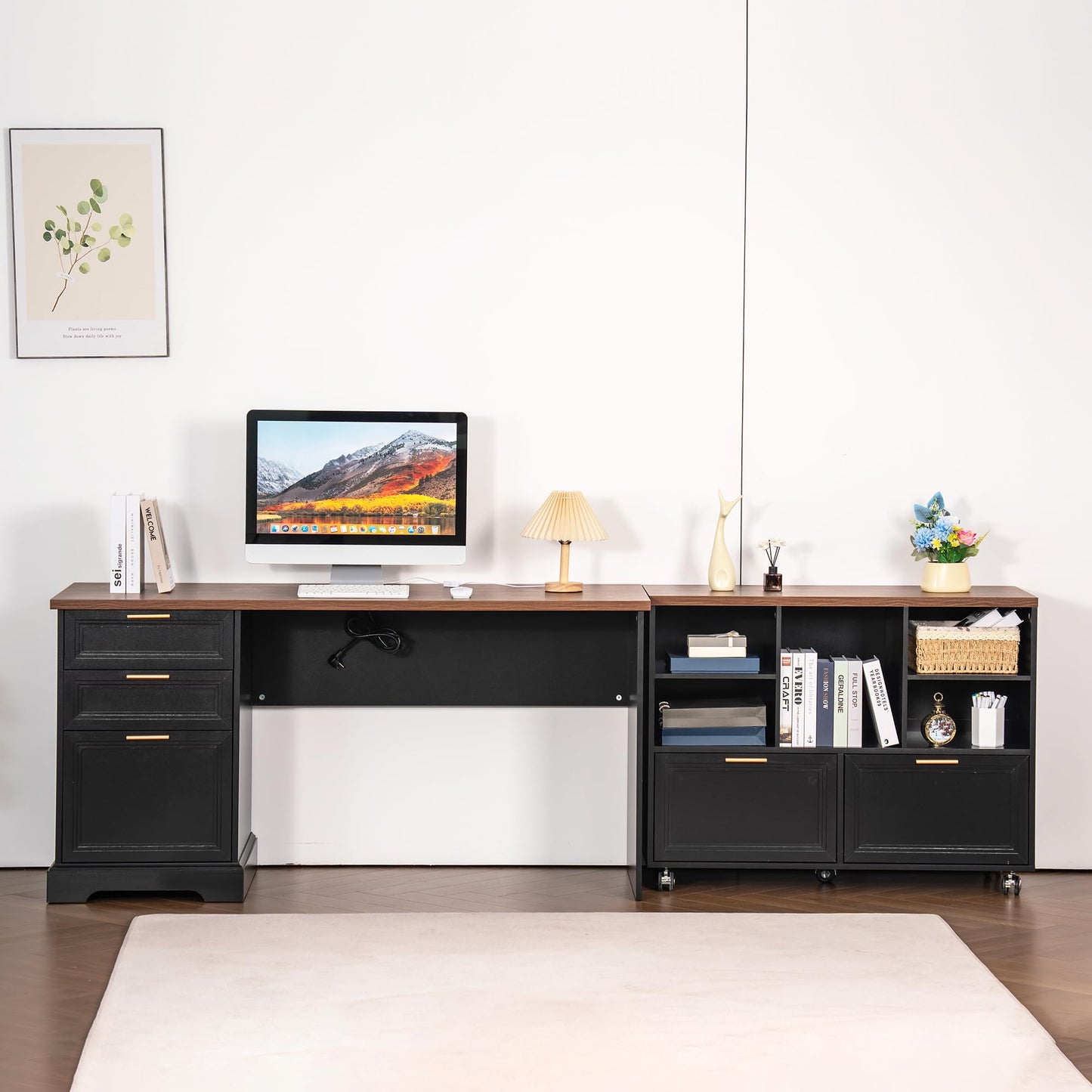 Zethvax 60" Farmhouse Executive Desk and 40" Mobile File Cabinet Combination,L Shaped Executive Desk with Charging Station,Home Office Desk for Office Work,Home Study