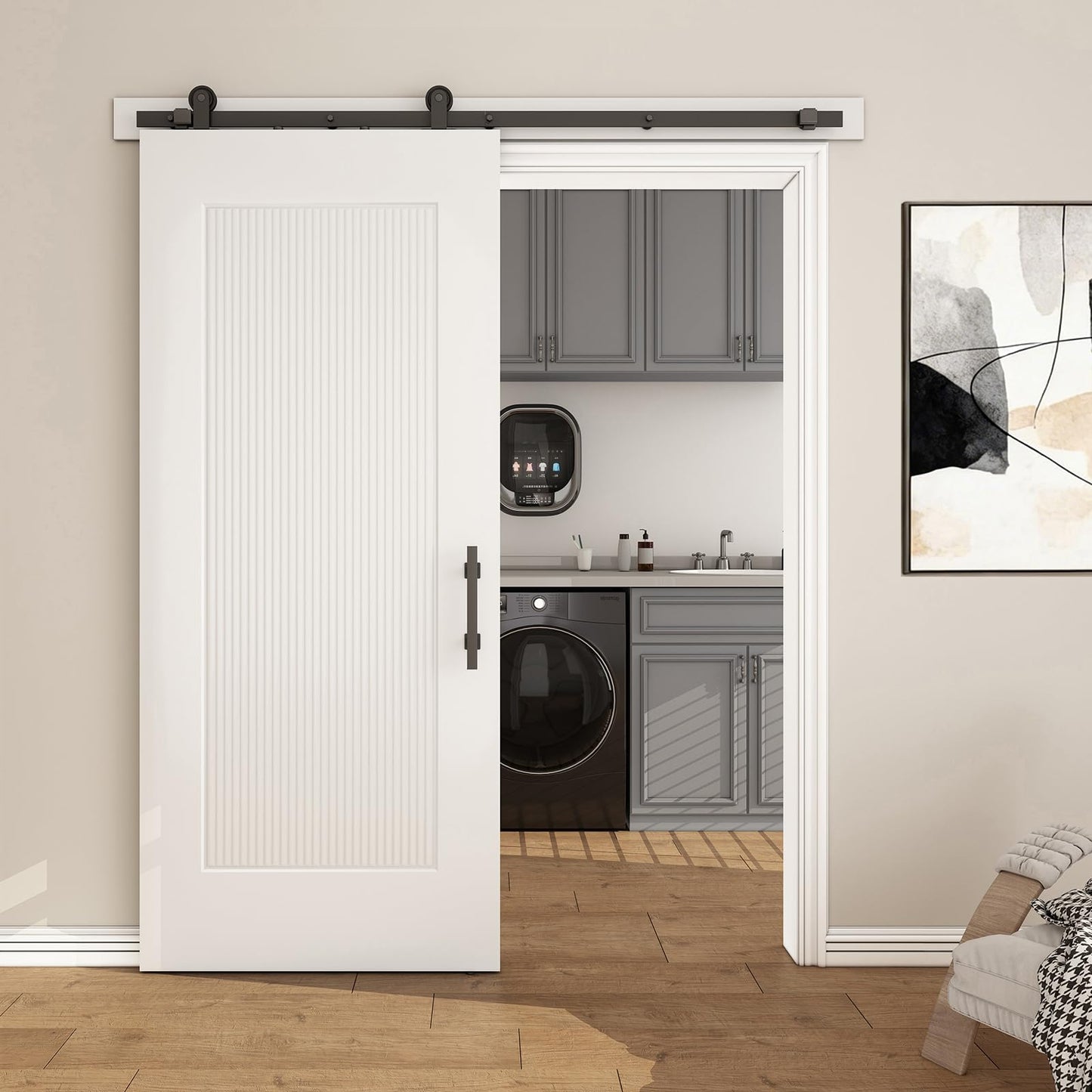 JUBEST 36''x84'' Sliding Barn Door, 1 Panel Reeded White Primed Sliding Closet Door with Matte Black 6FT Hardware Kit, Hollow Core Interior Door, Pre-Assembled Panel, Durable & Sturdy