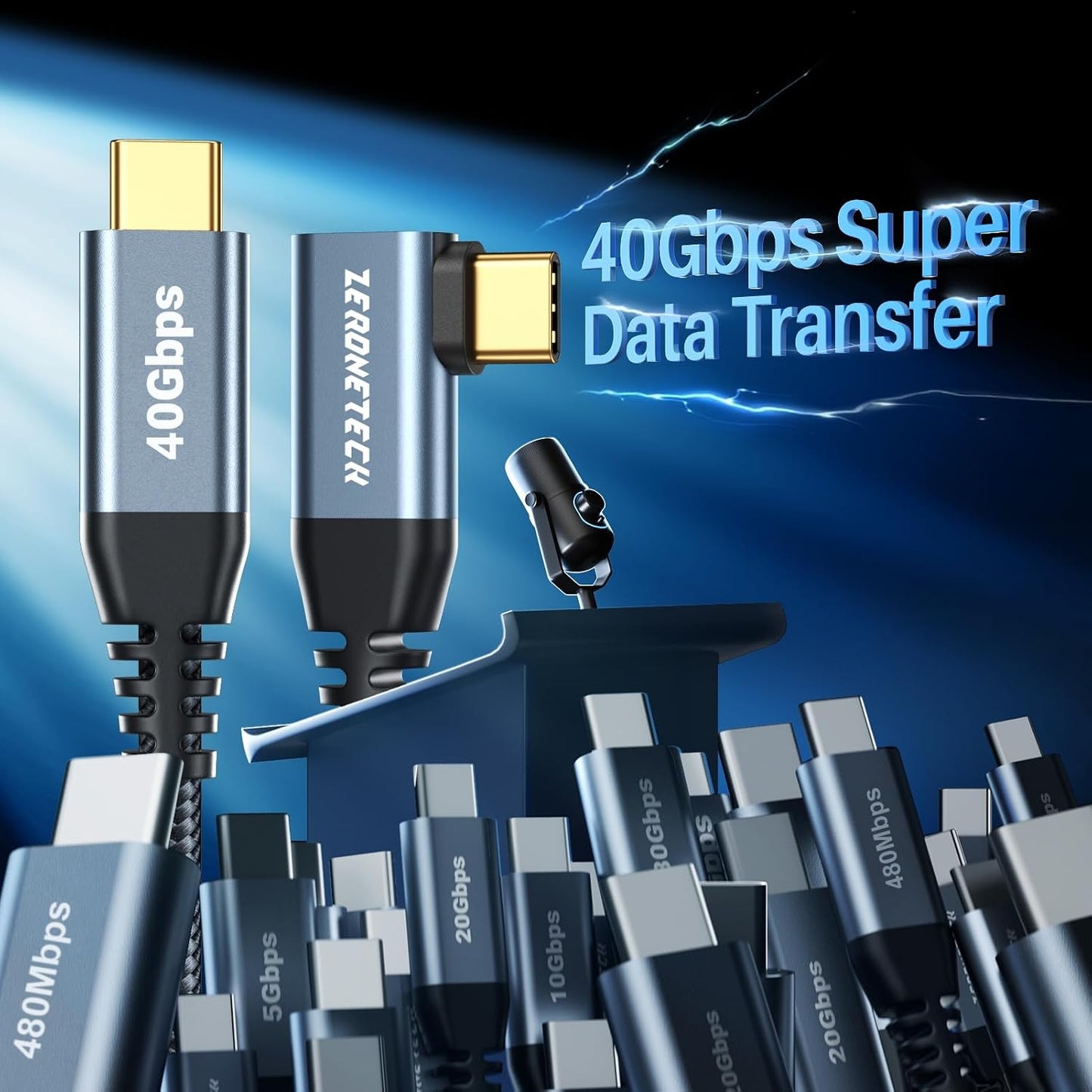 12 inch 4 1FT, 40Gbps 8K@60Hz 240W 90 ZeroneTeck USB C for Thunderbolt Cable High Speed Data Transfer Short, Right