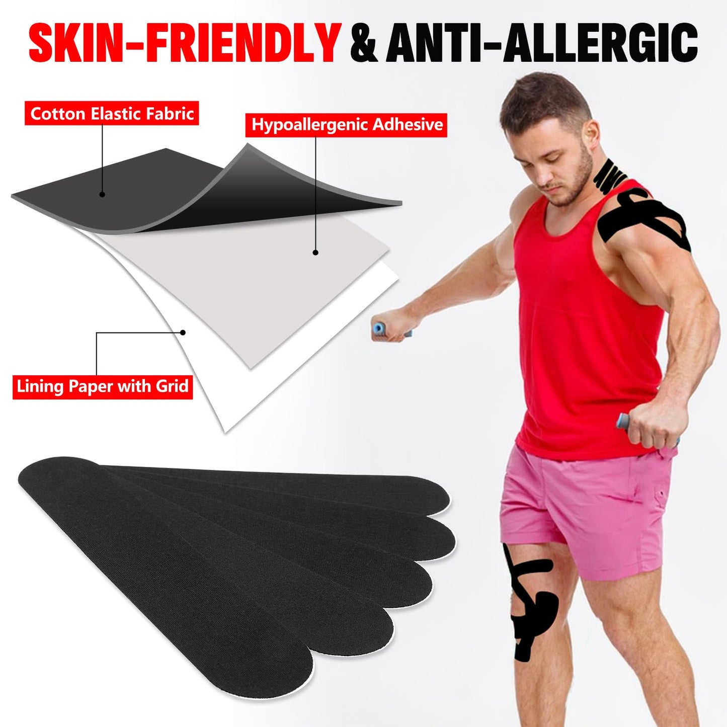 60PCS Precut Kinesiology Tape Strips, 2 inch x 10 inch Athletic Tape, Kinetic Tape, Elastic Muscle Tape, Sports Tape, Knee Tape for Exercise and Daily Use - Black