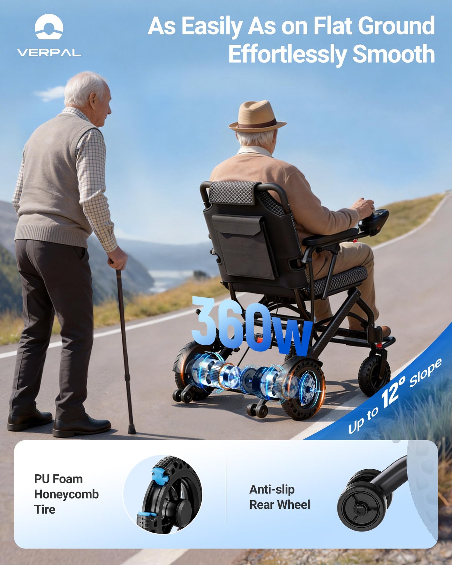 VERPAL 32lbs Lightweight Electric Wheelchair, Foldable Electric Wheelchair for Adults, Seniors, 360W Dual Motor Power Wheelchair 12.5 Miles for Travel, Park Hospital, 330 lbs Capacity-6Ah 16.5" Seat