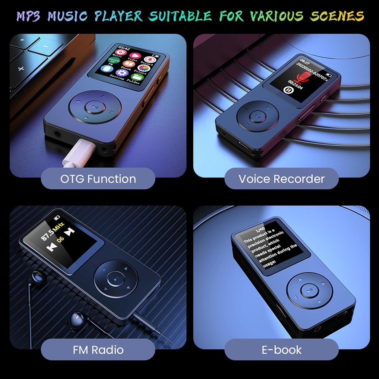 LAISANIM MP3 5.4 2.4 Inch Player with Bluetooth HiFi Sound, Screen Portable Music Player with FM, Voice Recorder, E