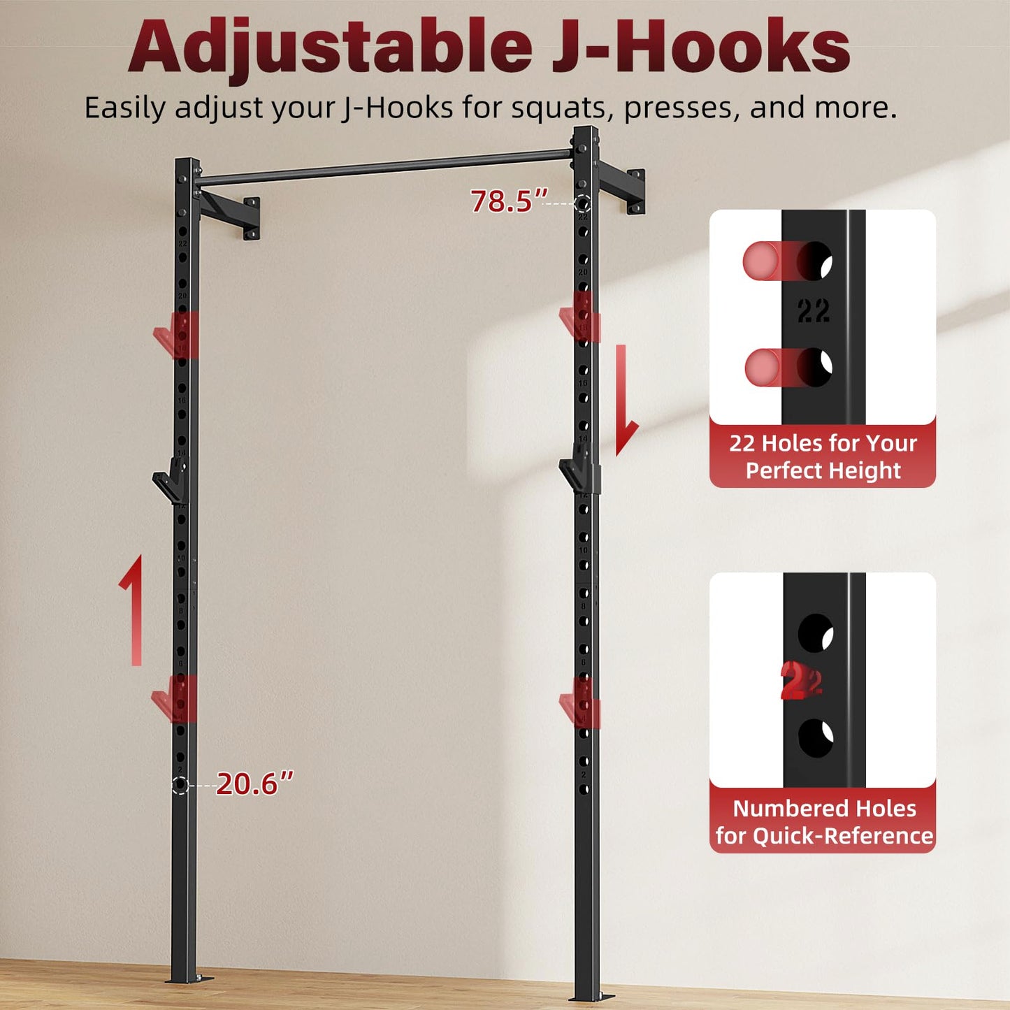 SPORTSOUL Wall Mounted Half Rack, 900lbs Squat Rack with Pull Up Bar for Home Gym, Space-Saving 2"x2" Pull-Up Station with Adjustable J-Hooks for Garage & Apartment (Black)