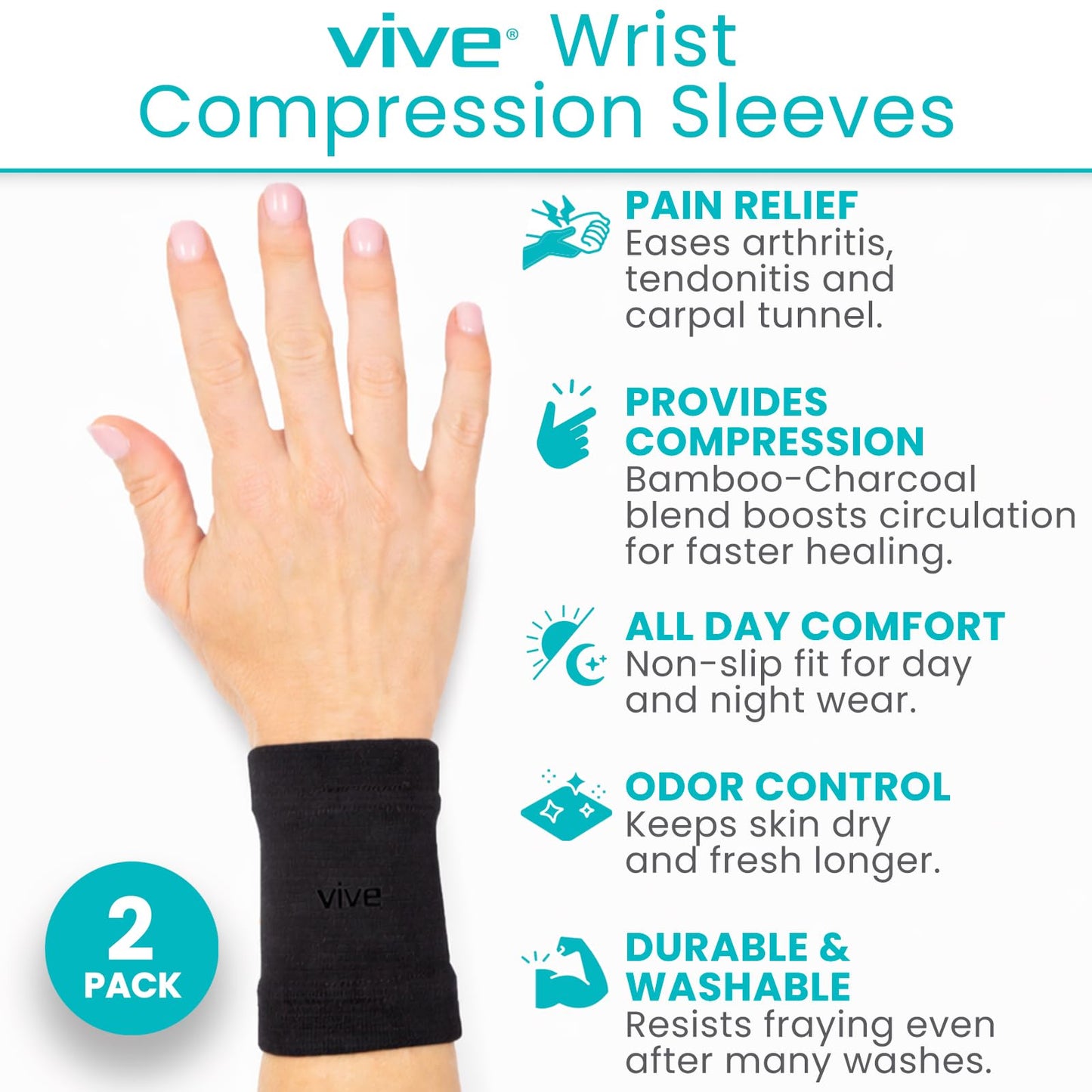 Vive Wrist Compression Sleeves for Women & Men (Pair) - Elastic Support Wristband for Pain Relief & Circulation - Wrist Support for Carpal Tunnel, Arthritis, Tendonitis - Great for Sports Injury