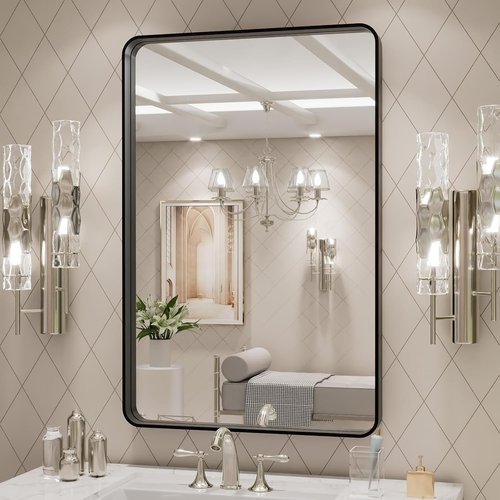 LOAAO Black Metal Framed Bathroom Mirror - 20x30 Inch Rounded Rectangle | Anti-Rust, Versatile Hanging Options