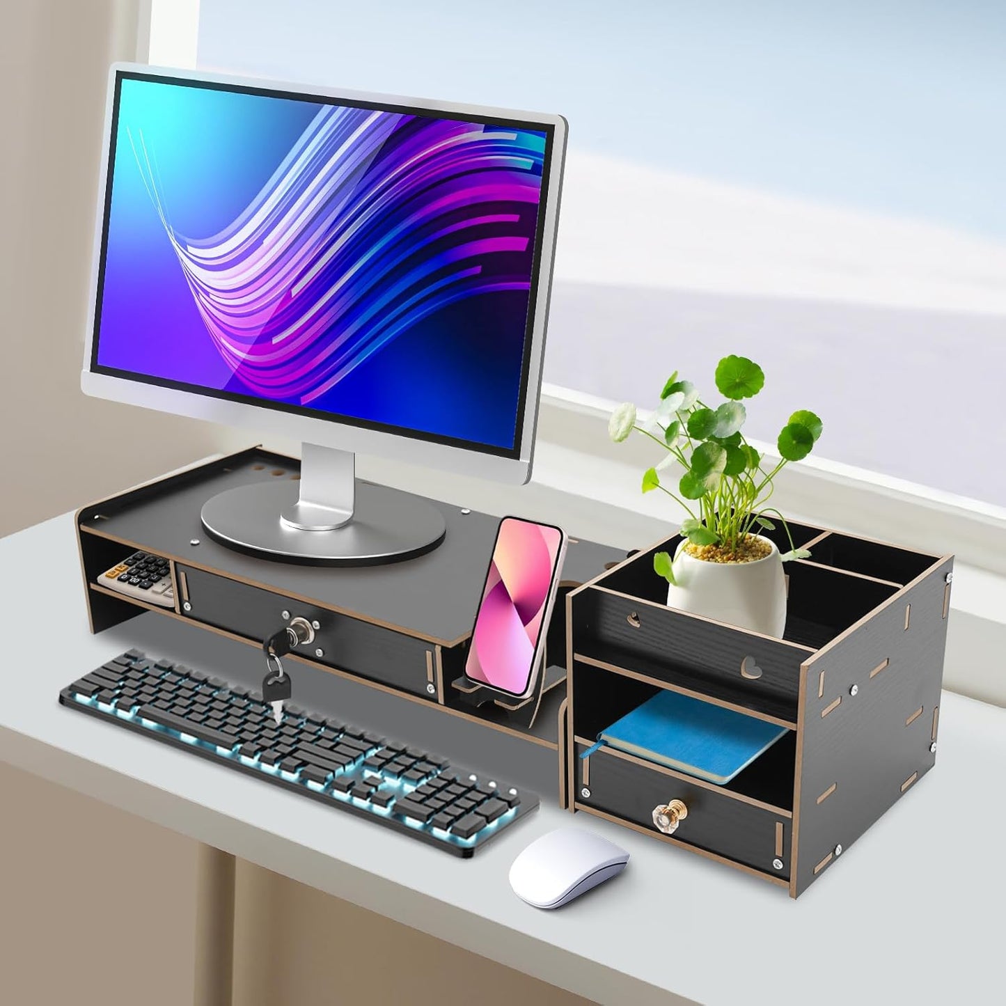 QUSKLISU (06) Computer Monitor Stand, Computer Rack with Drawers, Two top Platforms Desk Organizer Monitor Stand