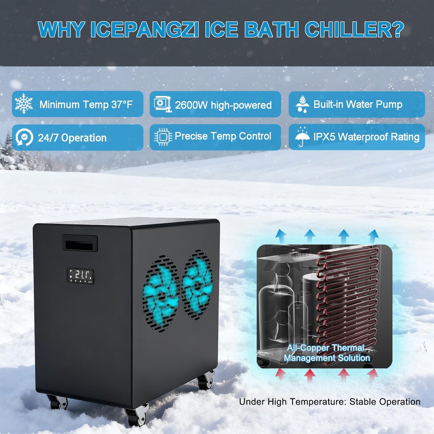 ICEPANGZI 1HP Ice Bath Water Chiller for Cold Plunge Tubs, Upgraded 2600W Cold Plunge Chiller with External Filter, Lightweight Cooling Chiller for Athletes Cold Therapy Recovery