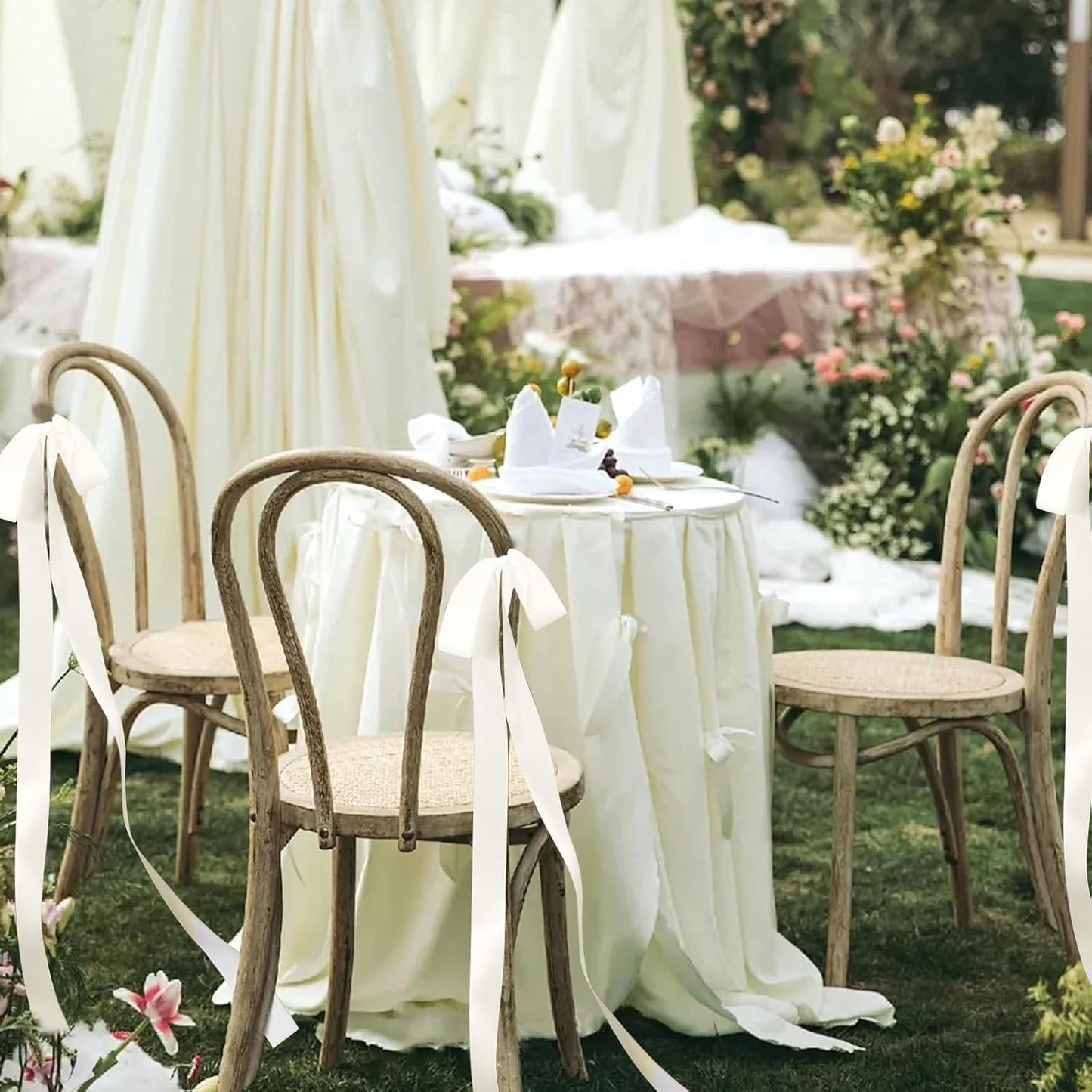 Skiennix 24 Pcs Ivory Ribbon Bows - Elegant Wedding Chair Decorations | Perfect for Bridal Showers & Ceremonies