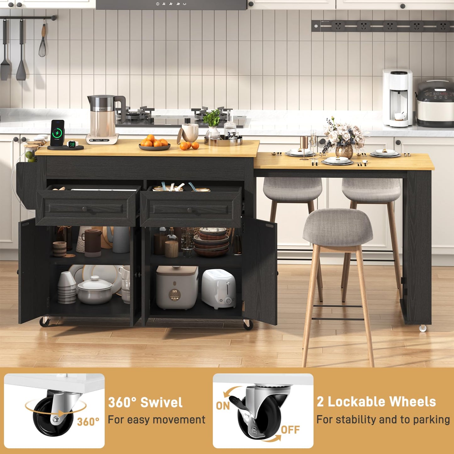 80"-48" Extendable Kitchen Island with Extended Dining Table and Power Outlet,Large Mobile Kitchen Storage Islands with 2 Storage Drawers,Rolling Islands Cart with 3 Extra Rows Open Shelves(Black)