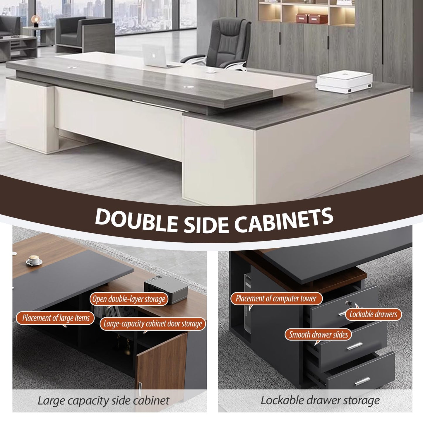 EQWZUPD Executive Office Desk, L Shaped, 1'' Thick Tabletop, Solid Wood Board, with Side cabinets and Wire Holes, Drawer with Lock, for Executive Desks,Boss Table,Computer Desk,Home Office Furniture