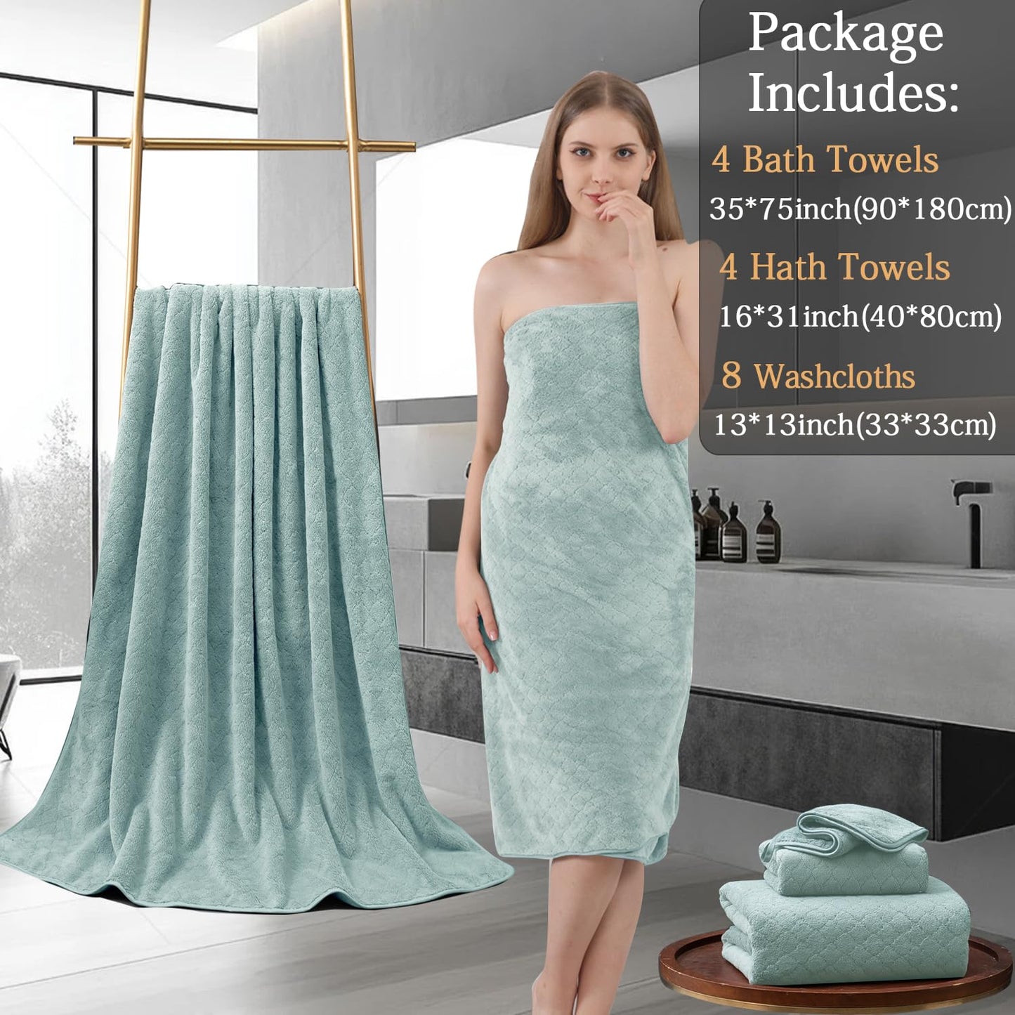 Ycosy 8-Piece Bath Towels Set,2 Oversized Bath Sheet,2 Hand Towels and 4 Washcloths - 600 GSM Soft Microfiber Highly Absorbent Quick Dry Shower Towel Collection for Bathroom Hotel and Spa,Mint Green