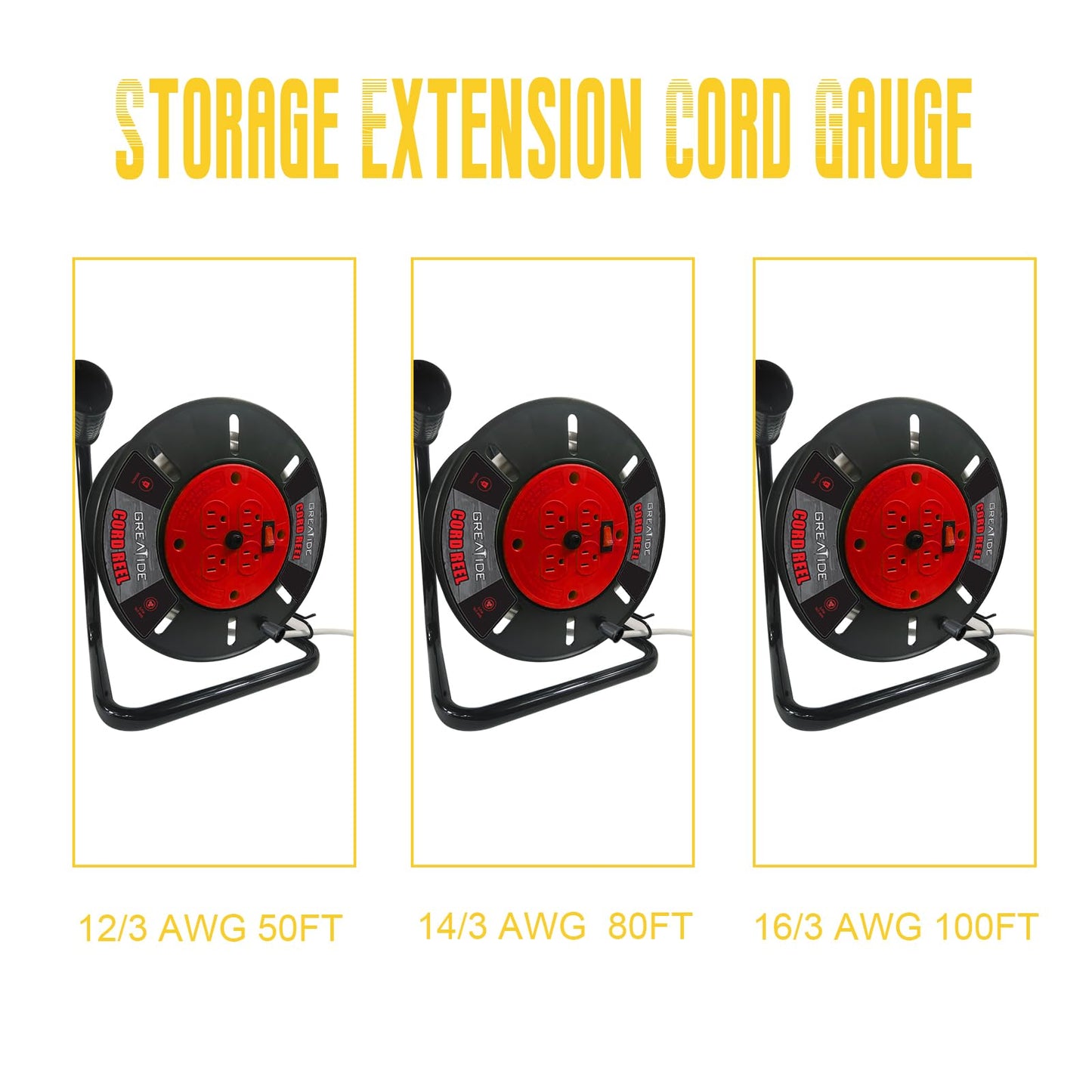 GREATIDE Heavy Duty Extension Cord Storage Reel with 4-Grounded Outlets, 10A Circuit Breaker, Retractable Hand Wind, Portable Empty Hand Crank Open Cord Reel for 12/3 14/3 16/3 Gauge Power Cord, Red
