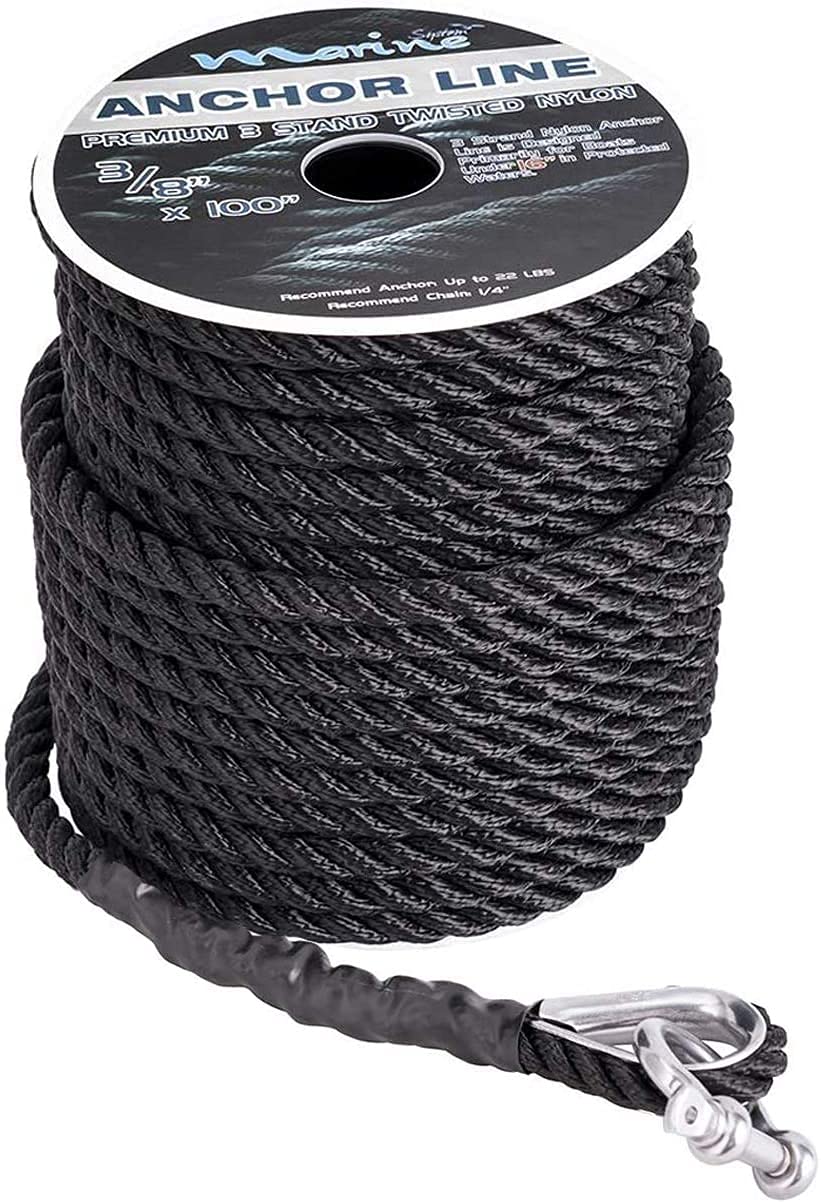 Marine System Made Nylon 3 Strand Anchor/Rigging Line Anchor Rope 3/8 Inch 100FT 150FT Black (3/8" x 100')