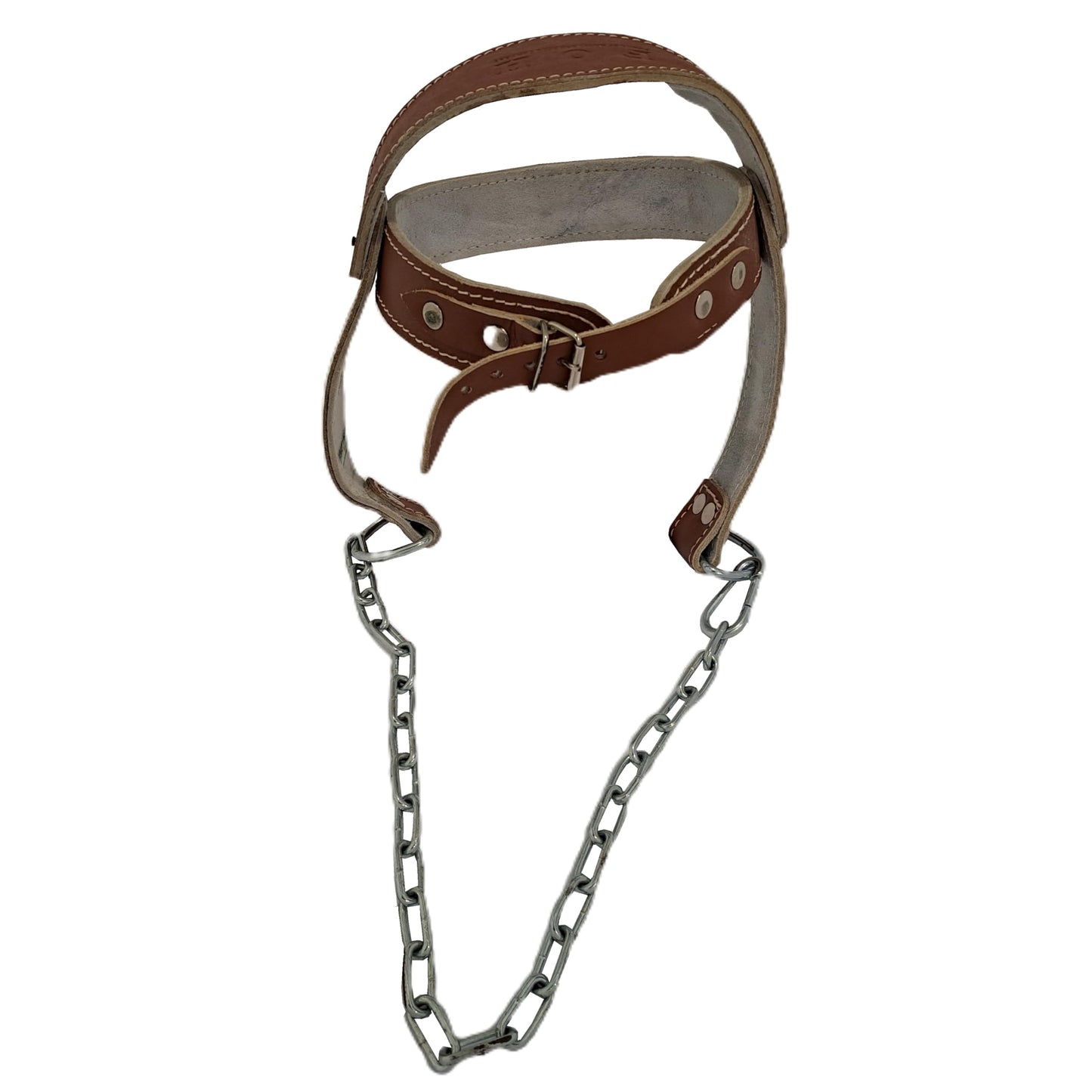 Force of Habit Head Harness Leather with 24 Inch Steel Chain, Brown, Padded, Adjustable Roller Buckle, Neck Strength Training Equipment (Brown)