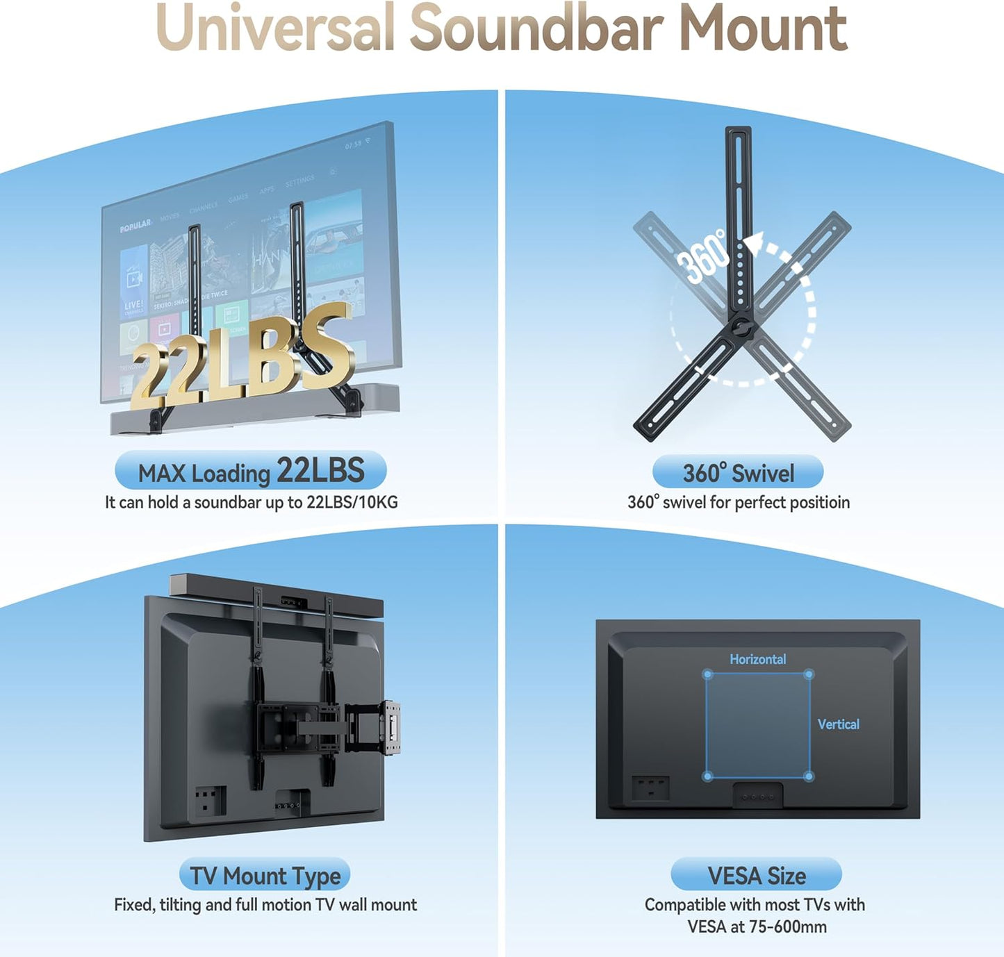 C YECEN 22Lbs, Sound Bar Mounts Under TV or Above TV, Soundbar Mount Hold Up to with Detachable Extension Arms