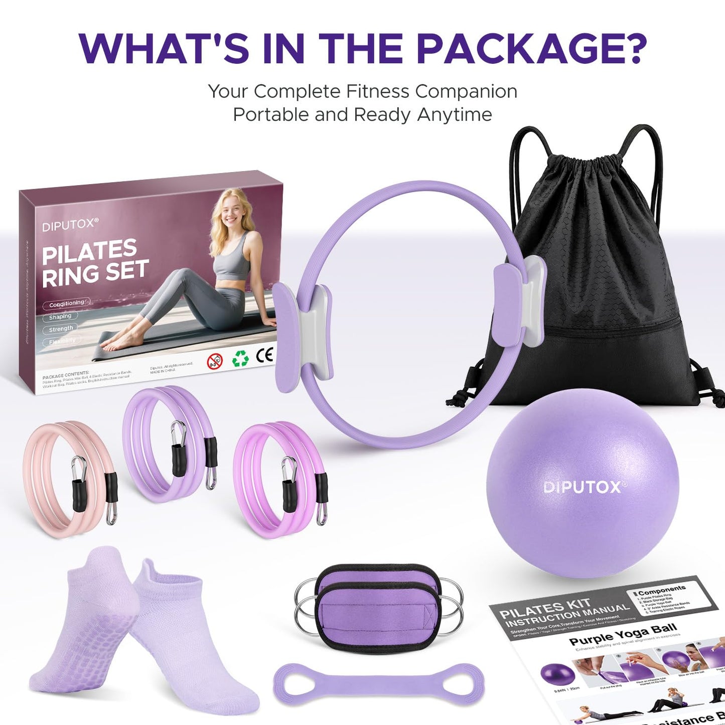 diputox Pilates Ring Kit for Women, Pilates Equipment Accessories, Home Workout Set with Magic Circle, Mini Exercise Ball, Ankle Resistance Bands & Yoga Socks, for Fitness, Toning & Better Me Gifts