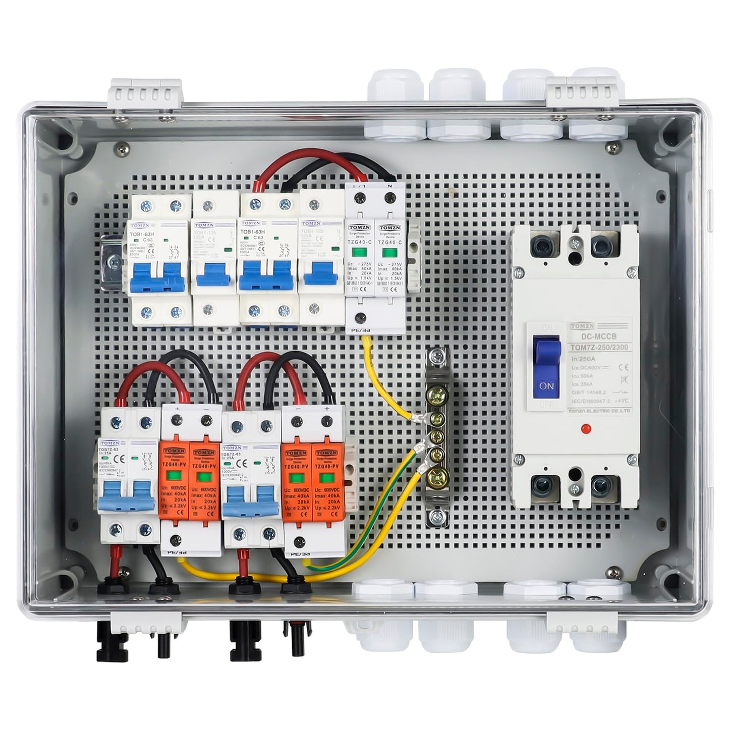 PV Combiner Box 2 String Solar Distribution Box with 25A, 250A DC Circuit Breakers, 63A,125A AC Circuit Breakers, and Surge Protection. Solar PV Breaker Box Perfect for 8K-10KW Solar Inverter Systems