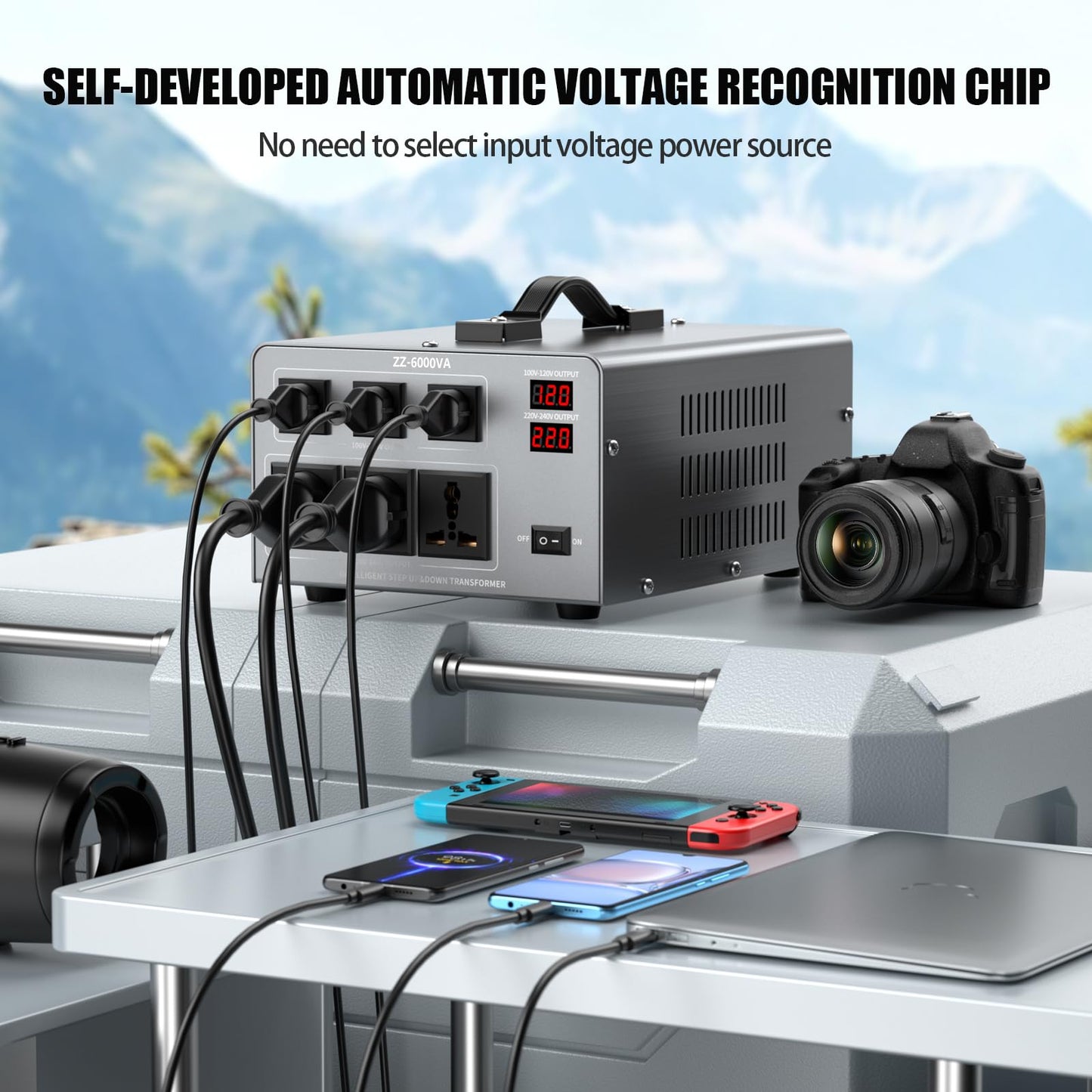 6000W Voltage Converter Transformer Step Up/Down 110V/120V to 220V/240V, Auto Voltage Recognition, Heavy Duty Power Converter with 6 Outlets, LCD Display & Circuit Breaker for Home, International Use