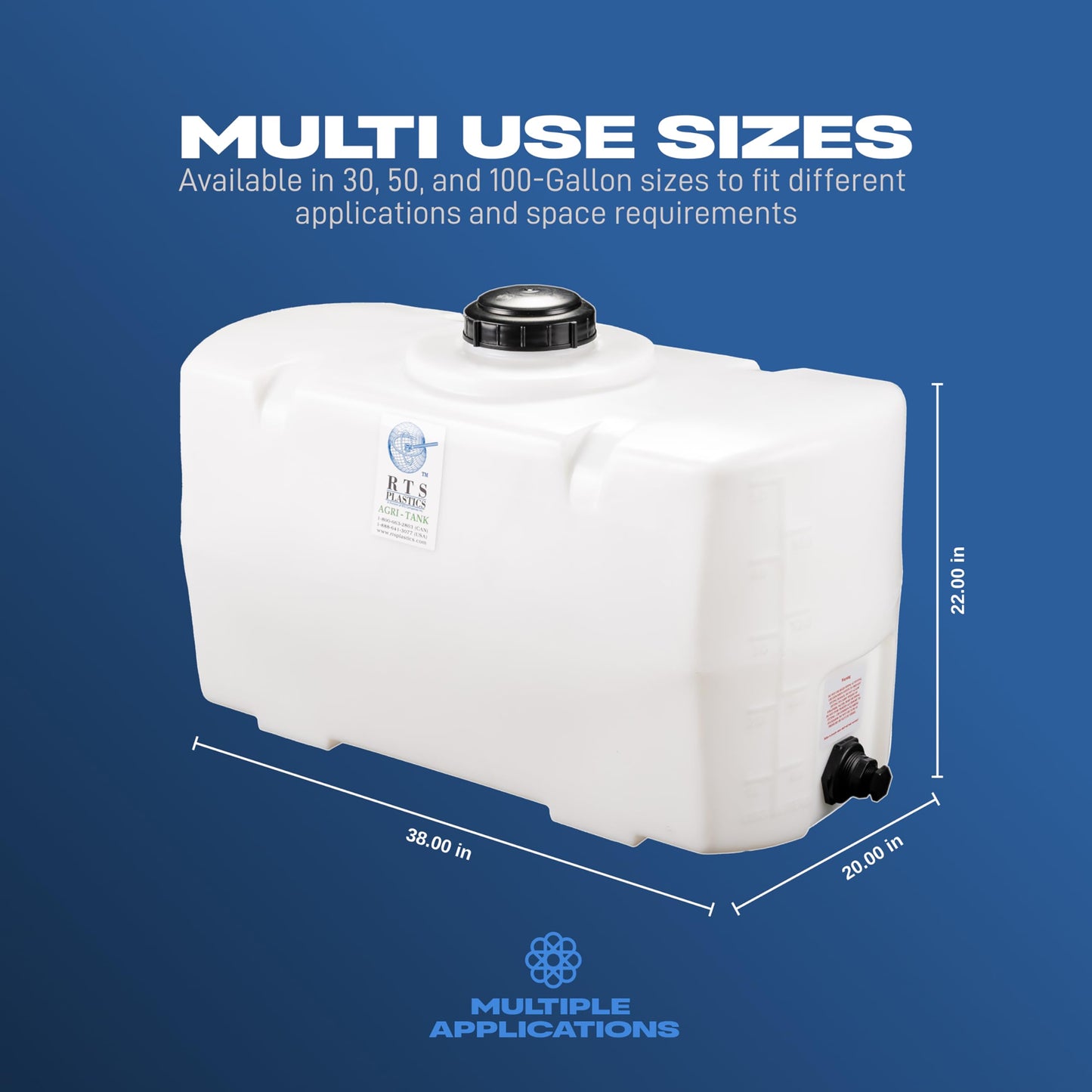 RTS Plastics Rotomolded Polyethylene PCO-50 Gallon Tank for Water and Non-Flammable Liquids with Molded Grad Strip and Siphon Elbow