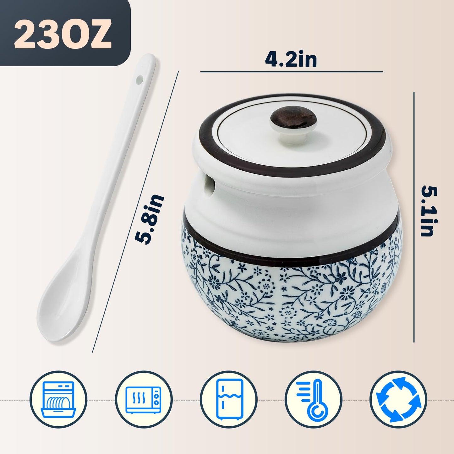 Caylielam Ceramic Bacon Grease Saver with Strainer, 23oz Kitchen Cooking Oil Disposal Container, Dust-proof Bacon Fat Storage Caddy, Elegant White Can and Blue Pattern, Spoon Included