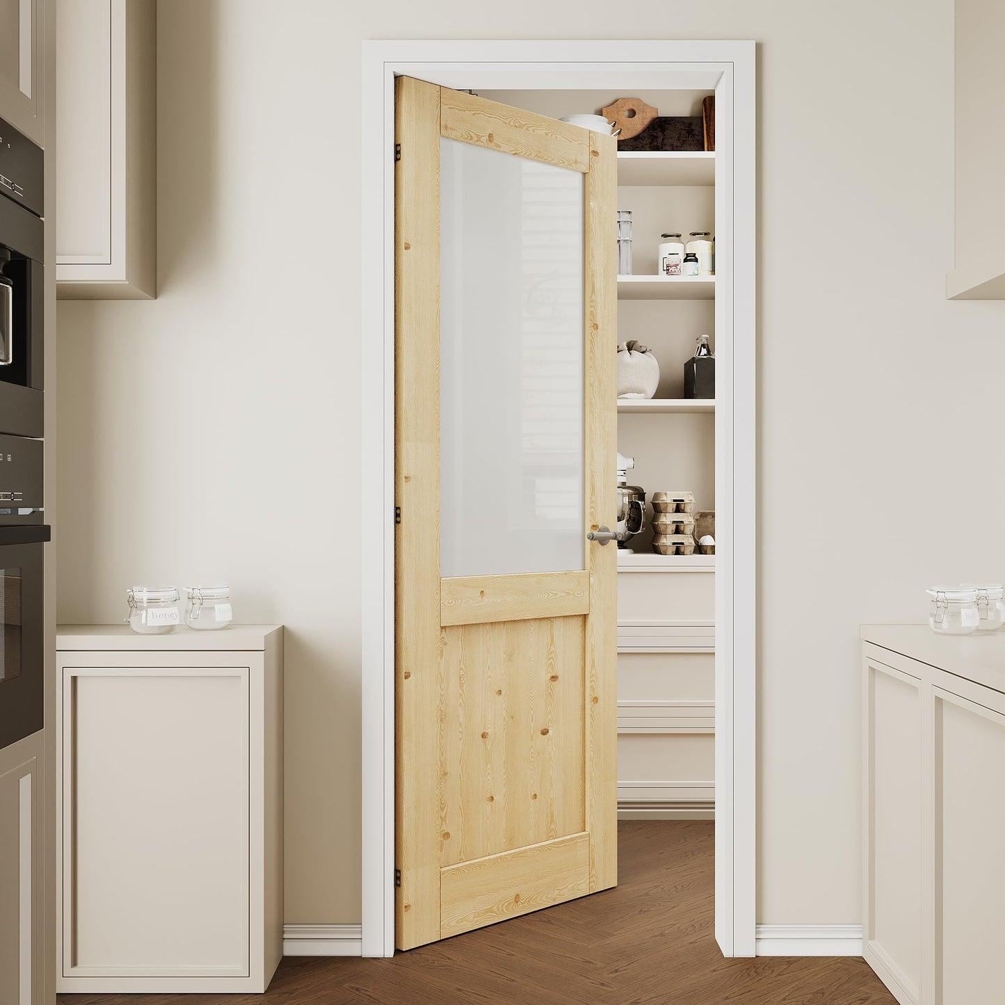 CRUTOP 30"x80" Half Frosted Glass Interior Slab Shaker, Pre-Assembled Panel for Barn Doors, Pocket Door, French Doors; Ideal for Pantry, Bedroom, Closet, Laundry & Bathroom – Solid Knotty Pine Wood