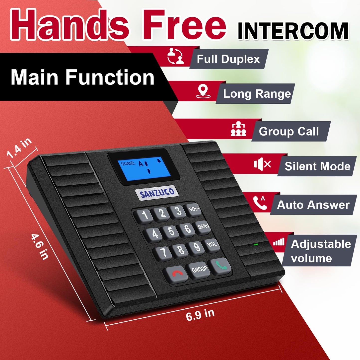 SANZUCO Intercoms Wireless for Home 60D, 2025 Hands Free Intercom Long Range, Clear Sound Wireless Intercom System for House, 18 Channels Two Way Real Time Intercom System for Business Office