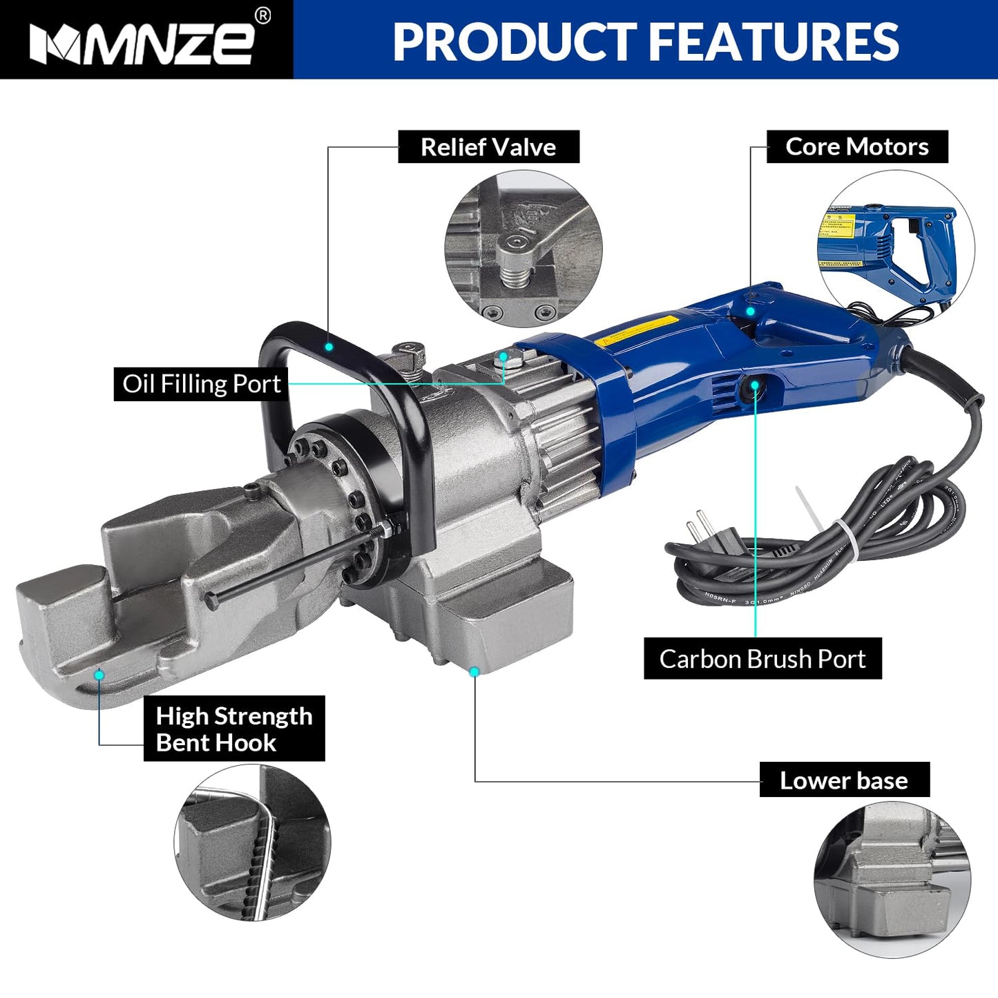 MMNZE Electric Hydraulic Rebar Bender, 900W 110V 5/8Inch 16 mm Bending Steel Machine Hand Held Rebar Bender Angle 0-130 Degrees with Positioning Bolt