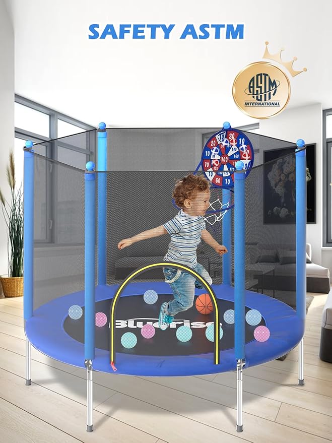 BLUERISE Trampoline 55IN 6FT Toddler Trampoline for Kids Indoor Outdoor Play for Kids Trampoline Basketball Hoop Attachment with Enclosure Net Easy to Assemble Outdoor Indoor Trampoline