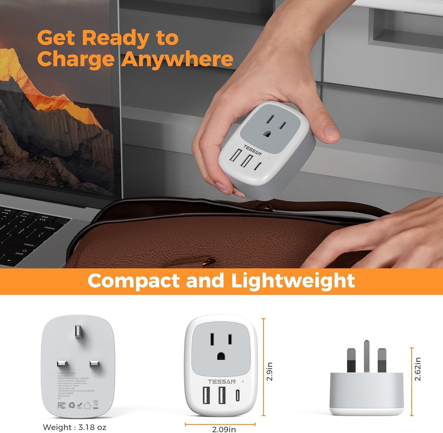 3 (1 UK Adapters for Travel, TESSAN US to UK Plug Adapter, Ireland Outlet Plug with USB Charger USB C Port), Type G