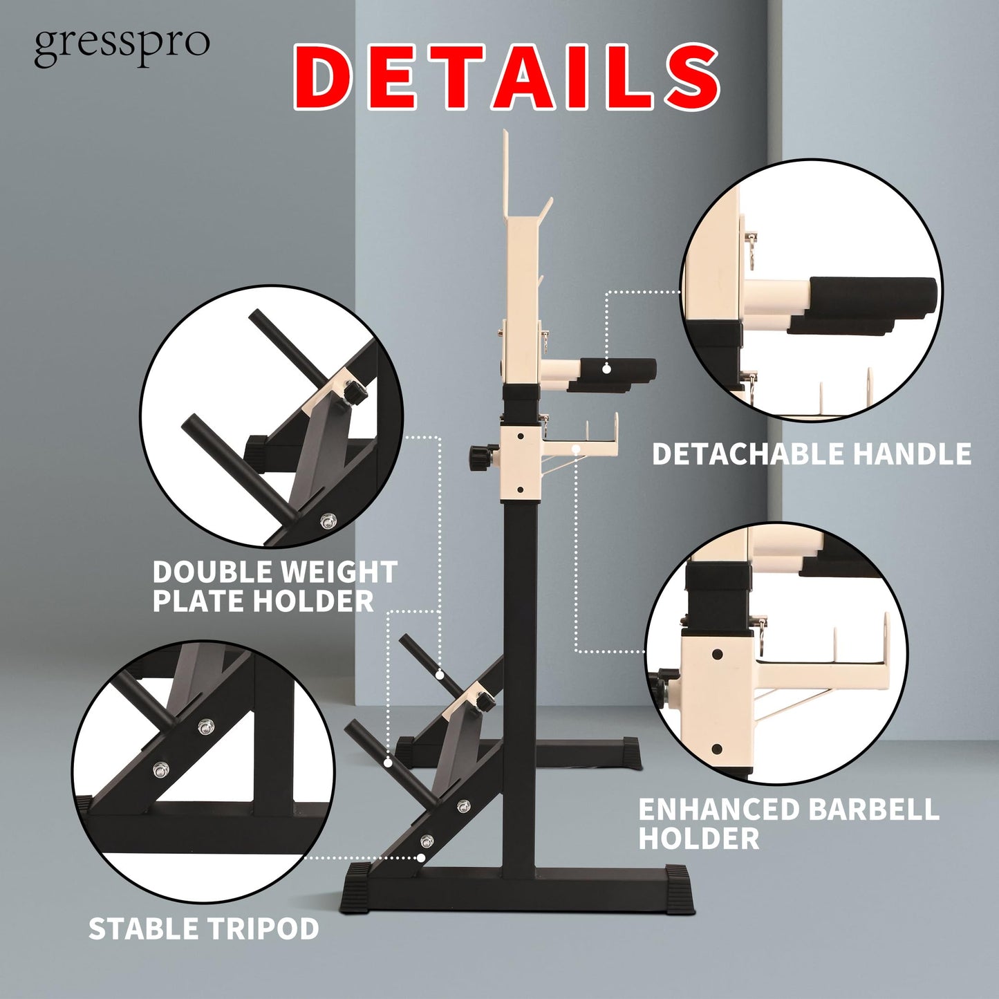 Gresspro Gresspro Barbell Rack Stand with Dip Bar Attachment - Multifunctional Adjustable Squat Rack, Heavy-Duty Dumbbell Rack, Strength Training Dip Station, Home Gym Equipment Max Load 550lbs