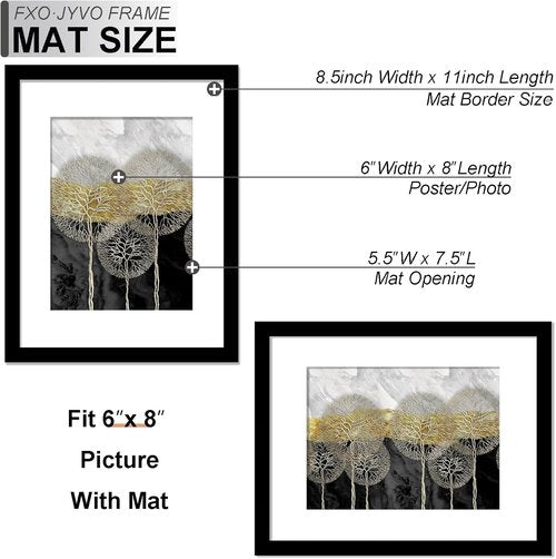 Fxojyvo Picture Frame - Lightweight 8.5x11" Display for Photos 6x8" with Mat or 8.5x11" Without Mat - Black