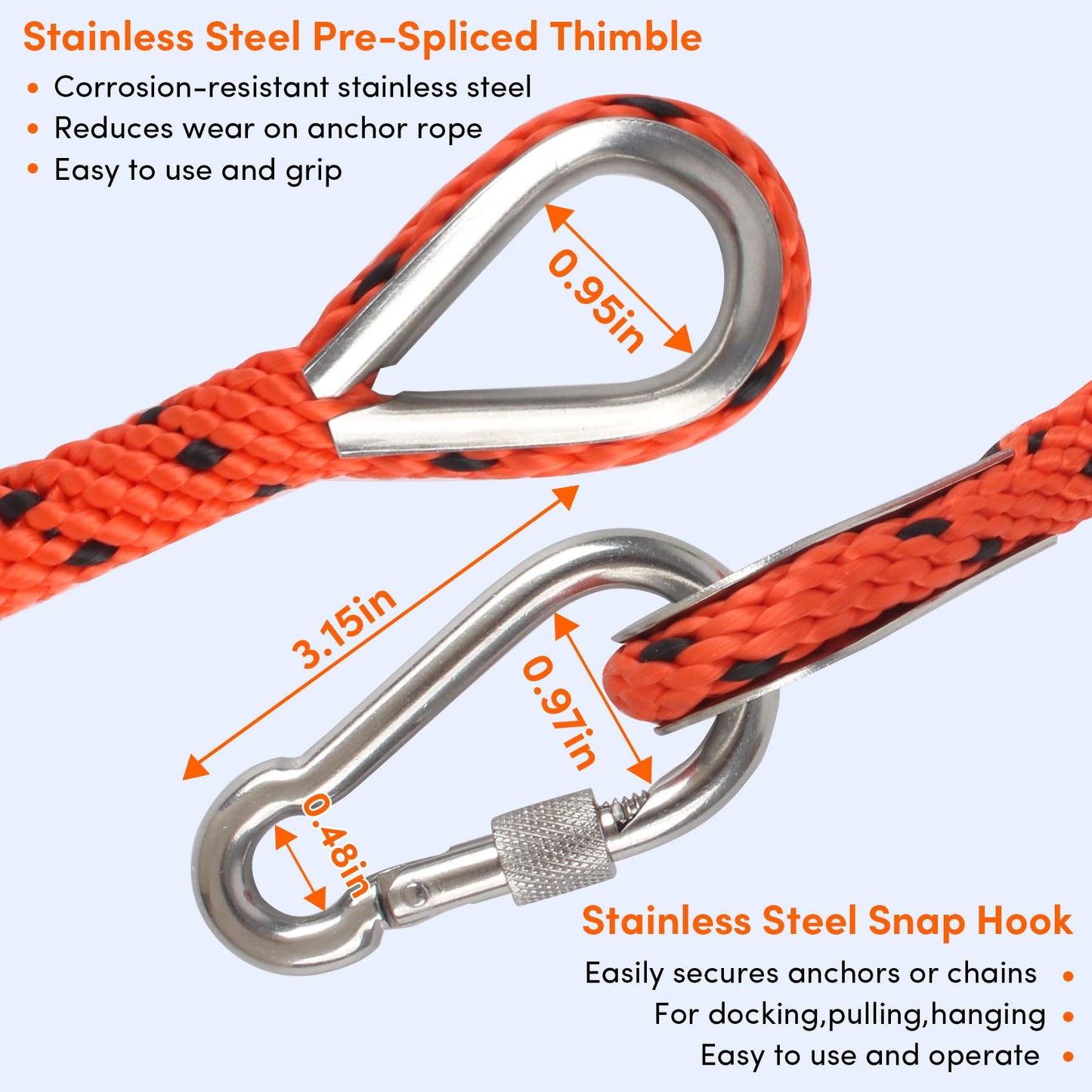 BALAVA Anchor Rope 50FT x 3/8in,Premium Solid MFP Braided Anchor Rope Anchor Line,Boat Anchor Rope with Stainless Steel Thimble & Snap Hook,Boat Rore Marine Rope for Anchors and Boats (Orange/Black)