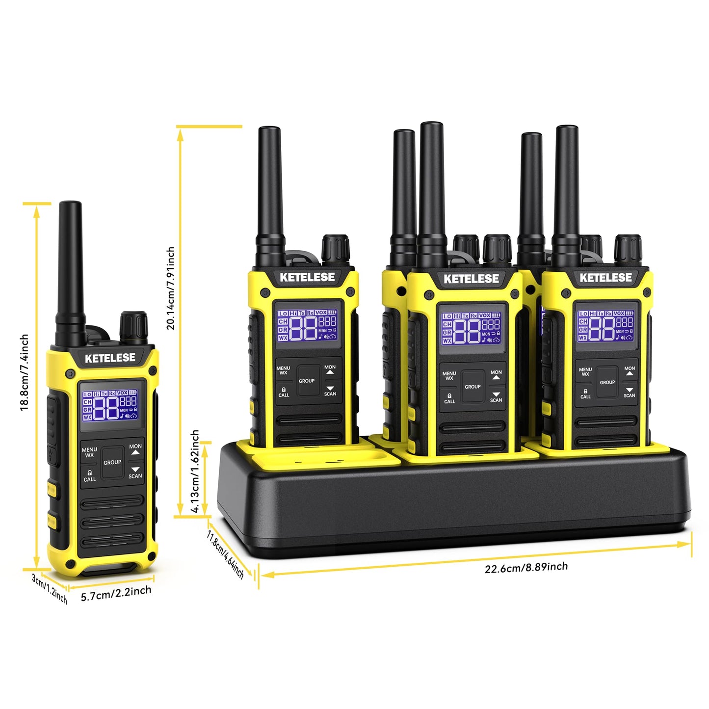 KETELESE T3F Walkie Talkies 6 Pack for Adults, IP67 Waterproof 2 Way Radios Rechargable, with Earpiece and Mic, Shock Resistant, Dual PTT, One Key Group Call, VOX, NOAA&Wheather Alert, Black/Yellow