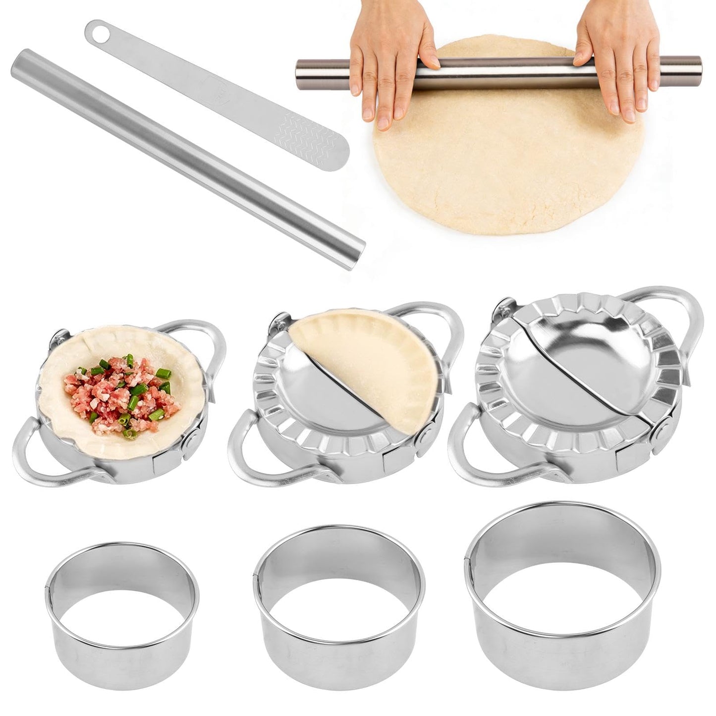Stainless Steel Dumpling Maker Set, 3 Dumpling Maker Press + 3 Dough Cutter + 1 Stuffing Scoop +1 Rolling Pin, Easy tool for Dumpling-Wrapper Dough Stamp Cutter Pastry Pie Making(COLOR:Silver)