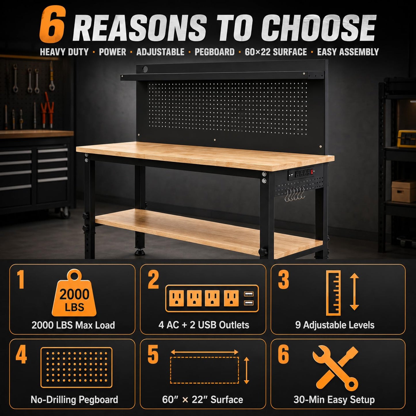 60'' Adjustable Workbench with Storage Shelf & Pegboard – Max Load 2000 LBS, Heavy Duty Rubber Wood Tabletop Tool Bench with AC/USB Outlet, Garage Organization, Work Benches for Workshop, Office