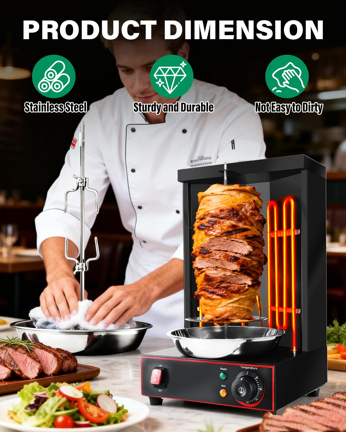 BNDHKR Electric Shawarma Grill Machine Countertop Rotisserie Turkey Maker Vertical Barbecue Oven with Temperature Control for Commercial/Household 122℉-572℉ 110V Black