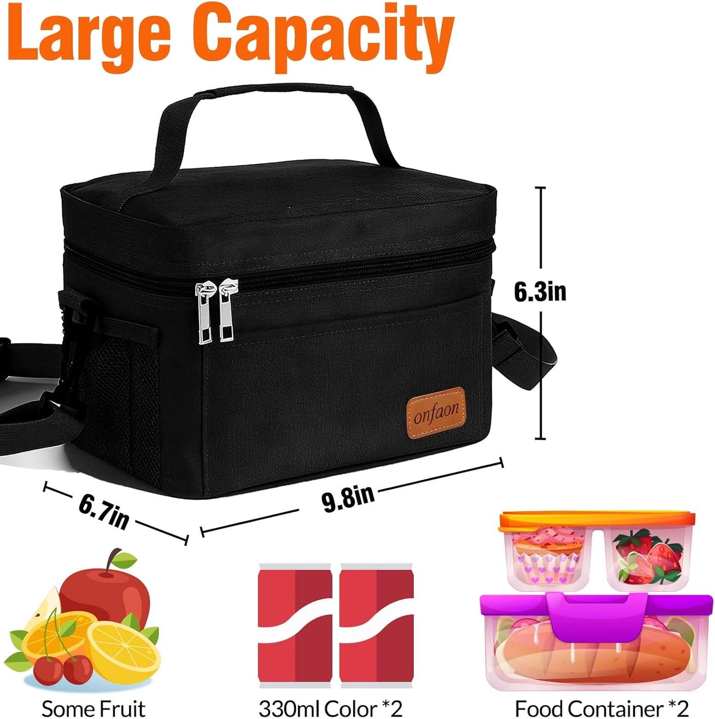 ONFAON Insulated Lunch Bag - Reusable Leakproof Cooler Tote with Adjustable Strap | Black