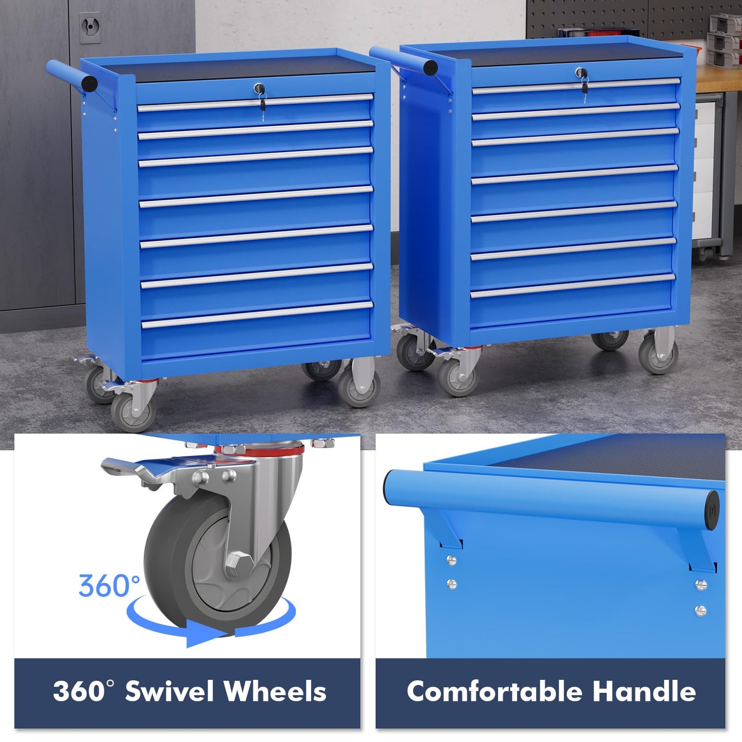 Gymplis 7-Drawer Tool Chest,Rolling Tool Cart with Wheels,High Capacity Tool Cabinet with Locking System for Garage, Warehouse, Workshop-Blue