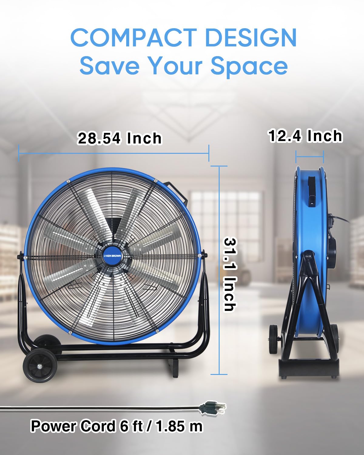 KEN BROWN 24 Inch Industrial Drum Fan, High Velocity Floor Shop Fan, Heavy Duty, 9500 CFM, 8 Blades, 3 Speeds, 360 Degree Tilt, Ideal for Industrial, Commercial, Gym, Garage Use, Blue